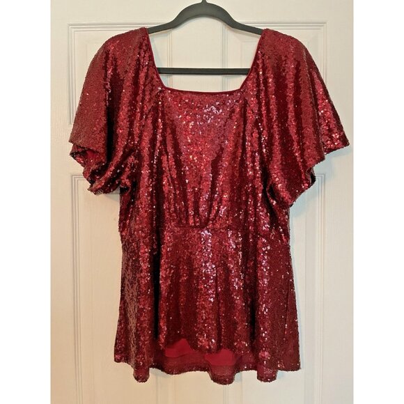 New Lane Bryant Red Sequins Top size 14 Babydoll Flutter short sleeve Holiday - Picture 4 of 11